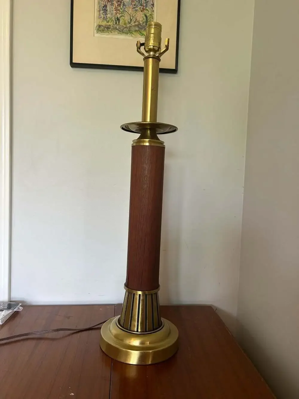 Vintage Mid-Century Modern Teak and Brass Column Table Lamp